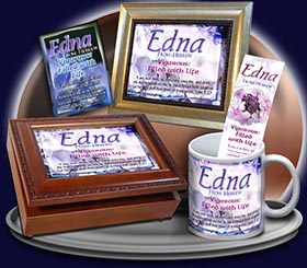 PC-FL16, Name Meaning Card, Wallet Sized, with Bible Verse, personalized, flower, purple flower violet edna