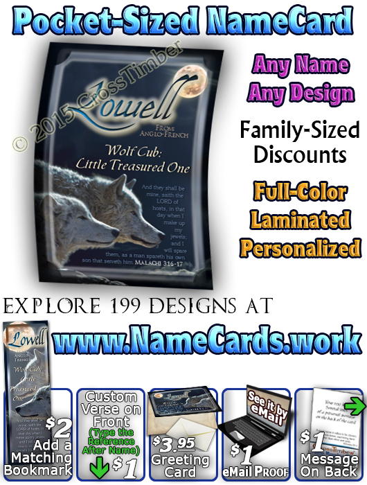 PC-AN54, Name Meaning Card, Wallet Sized, with Bible Verse lowell wolf cub wolves moon night dark