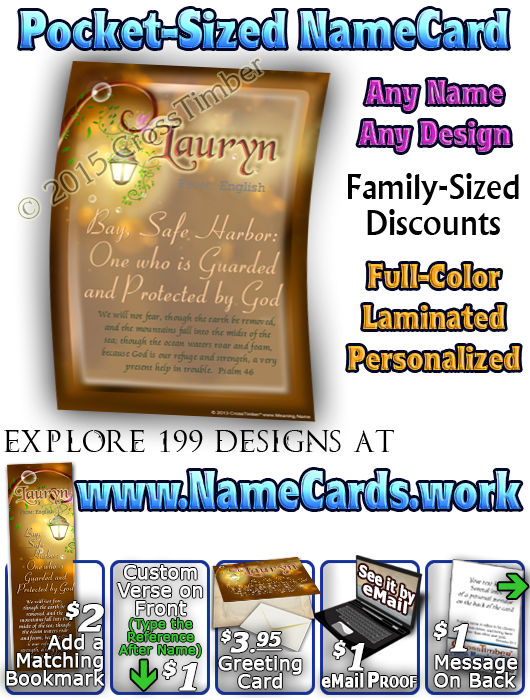 PC-BF17, Name Meaning Card, Wallet Sized, with Bible Verse fairy fairytale storybook lamp light butterfly lauryn