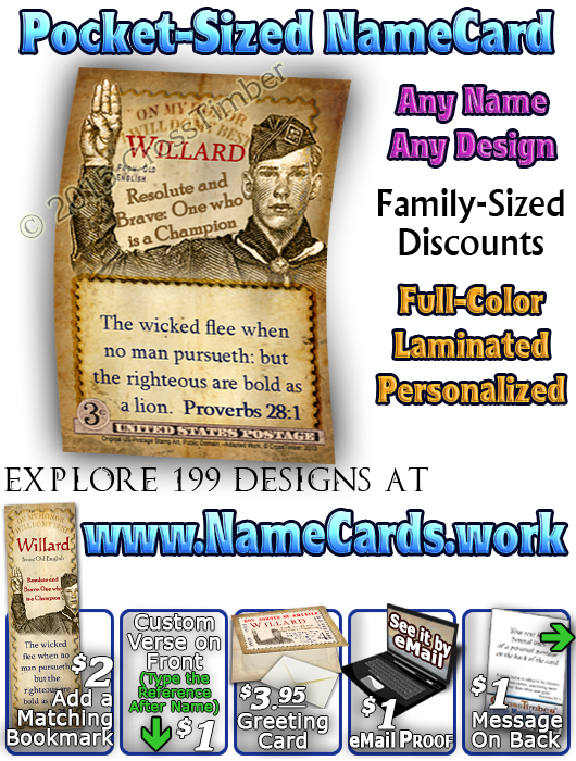 PC-CA02, Name Meaning Card, Wallet Sized, with Bible Verse willard  boy scouts stamp collecting