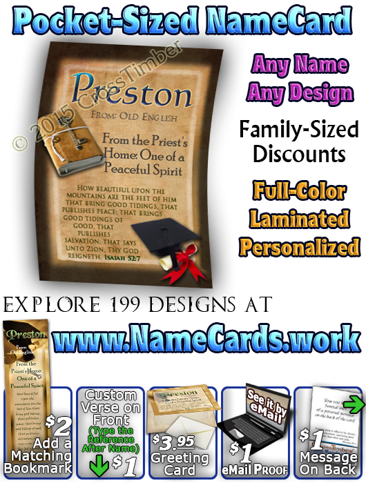 PC-EV02, Name Meaning Card, Wallet Sized, with Bible Verse, personalized, graduation hat preston