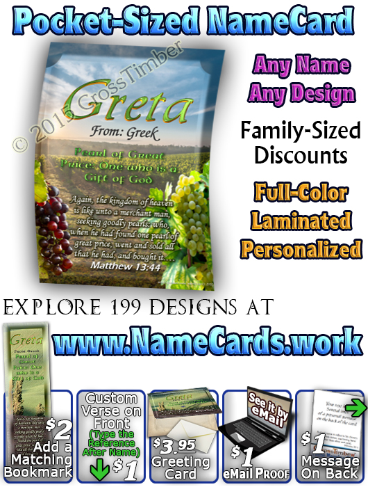 PC-SC14, Name Meaning Card, Wallet Sized, with Bible Verse, personalized, Greta rolling hills peace Italy