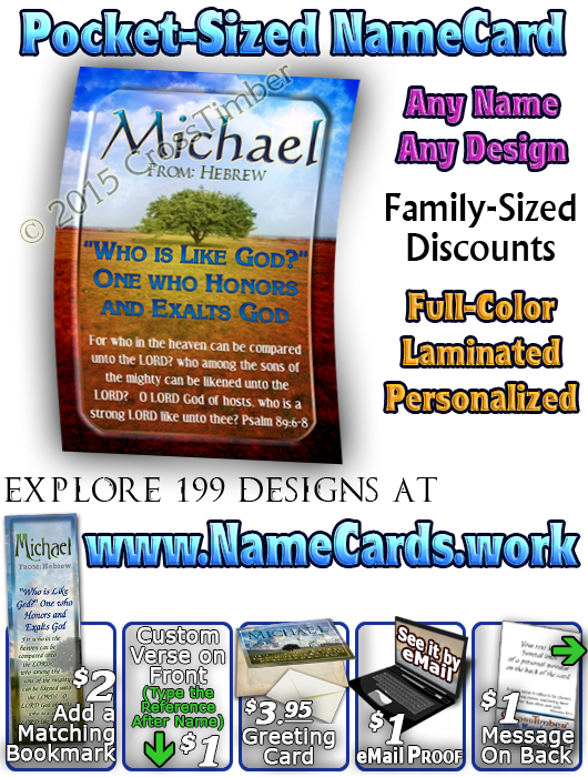 PC-TR13, Name Meaning Card, Wallet Sized, with Bible Verse, personalized, lone tree integrity, michael