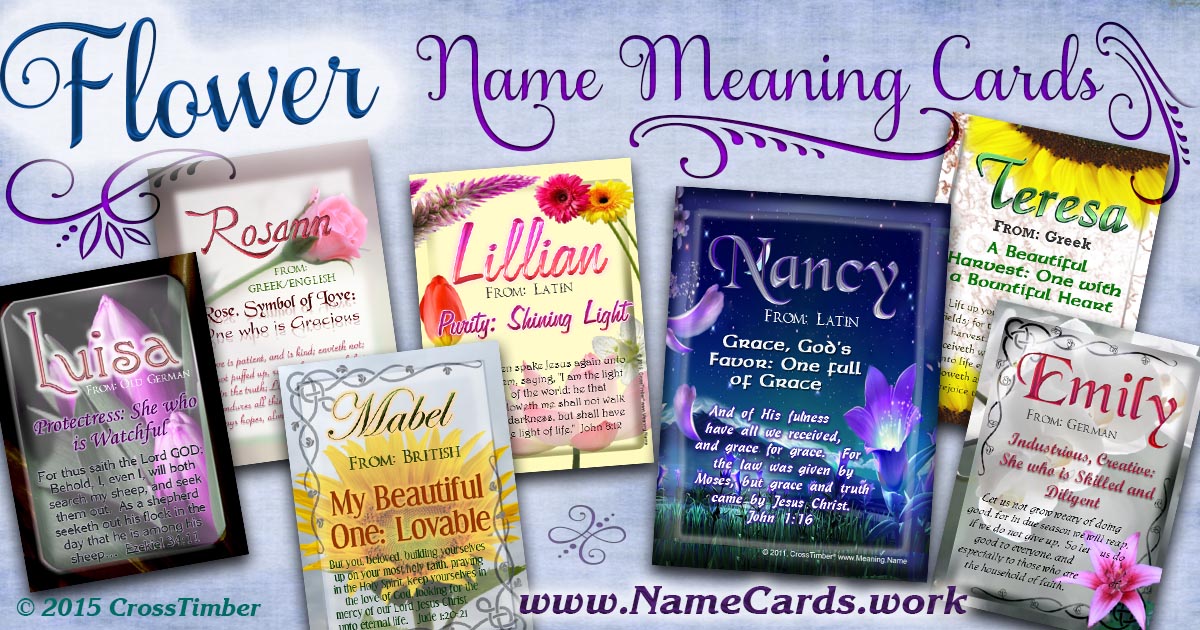 Beautiful name meaning cards with flowers and flower gardens in the background