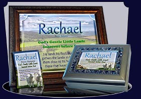 PC-AN04, Name Meaning Card, Wallet Sized, with Bible Verse Rachel Rachael sheep lambs flock shepherd