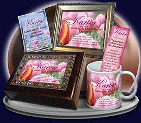 PC-FL25, Name Meaning Card, Wallet Sized, with Bible Verse, personalized, floral flower, karisa pink tulips