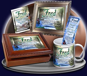 PC-WA13, Name Meaning Card, Wallet Sized, with Bible Verse, personalized, forest stream river light fred fishing