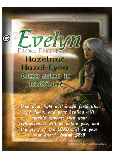 PC-CR06, Name Meaning Card, Wallet Sized, with Bible Verse, personalized, evelyn elf fantasy elven