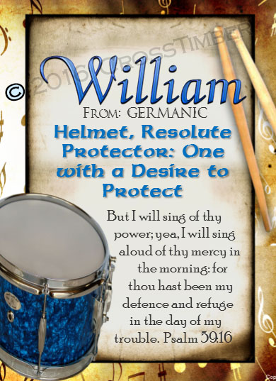 PC-MU02, Name Meaning Card, Wallet Sized, with Bible Verse, personalized, music notes William drums