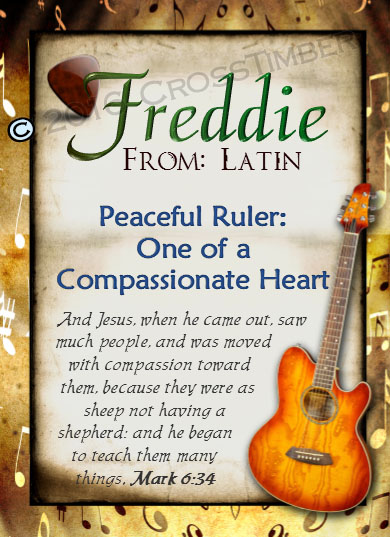 PC-MU15, Name Meaning Card, Wallet Sized, with Bible Verse, personalized, music notes freddie fred frederick guitar acoustic