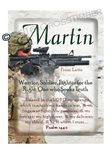 PC-PP22, Name Meaning Card, Wallet Sized, with Bible Verse, personalized, bravery soldier army navy war martin