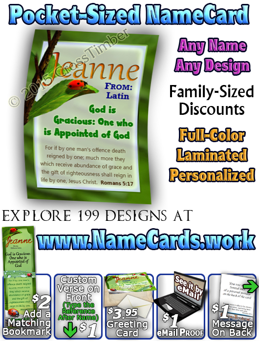 PC-AN61, Name Meaning Card, Wallet Sized, with Bible Verse ladybug bug jeanne garden