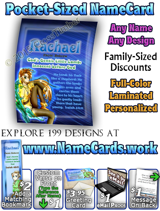 PC-CH44, Name Meaning Card, Wallet Sized, with Bible Verse, personalized, anime character rachael