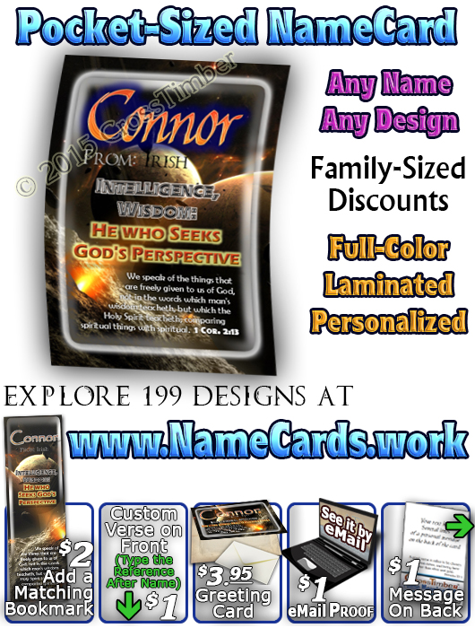 PC-CR01, Name Meaning Card, Wallet Sized, with Bible Verse, personalized, space asteroid connor