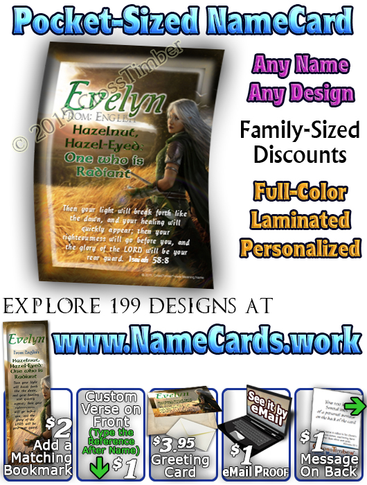 PC-CR06, Name Meaning Card, Wallet Sized, with Bible Verse, personalized, evelyn elf fantasy elven