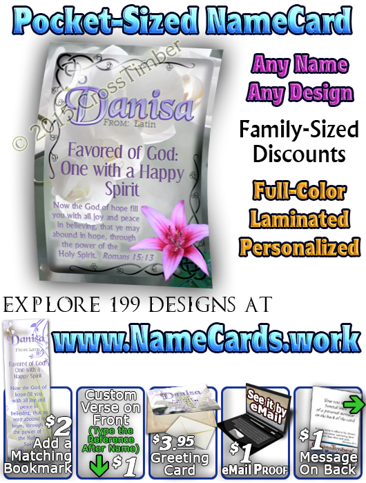 PC-FL12, Name Meaning Card, Wallet Sized, with Bible Verse, personalized, flower, danisa easter lily cross