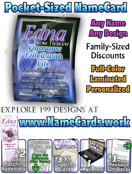 PC-FL16, Name Meaning Card, Wallet Sized, with Bible Verse, personalized, flower, purple flower violet edna