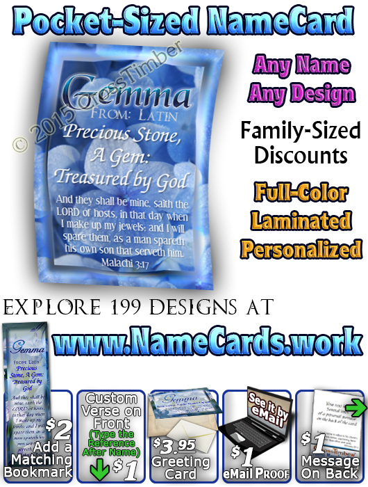 PC-FL33, Name Meaning Card, Wallet Sized, with Bible Verse, personalized, floral flower, blue soft flowers Gemma