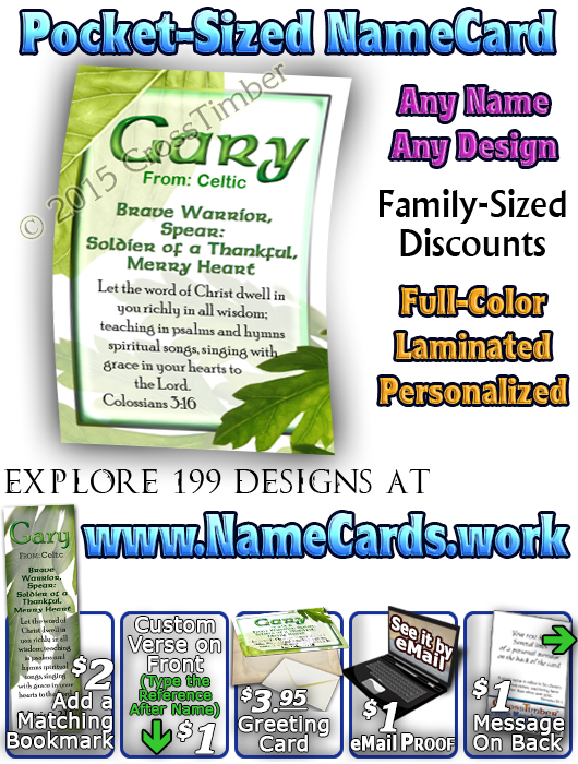 PC-LE02, Name Meaning Card, Wallet Sized, with Bible Verse, personalized, gary leaf tree leaves green