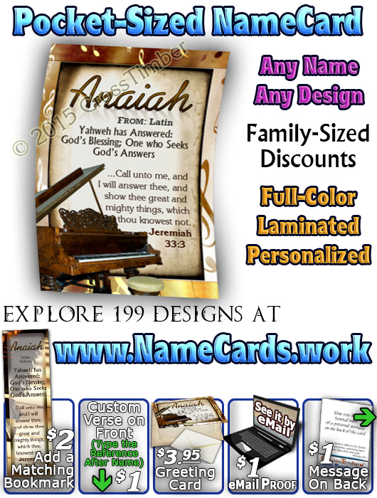 PC-MU01, Name Meaning Card, Wallet Sized, with Bible Verse, personalized, piano music notes anaiah