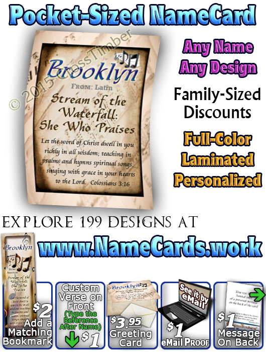 PC-MU12, Name Meaning Card, Wallet Sized, with Bible Verse, personalized, music notes brooklyn