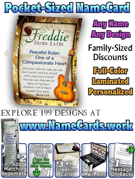 PC-MU15, Name Meaning Card, Wallet Sized, with Bible Verse, personalized, music notes freddie fred frederick guitar acoustic