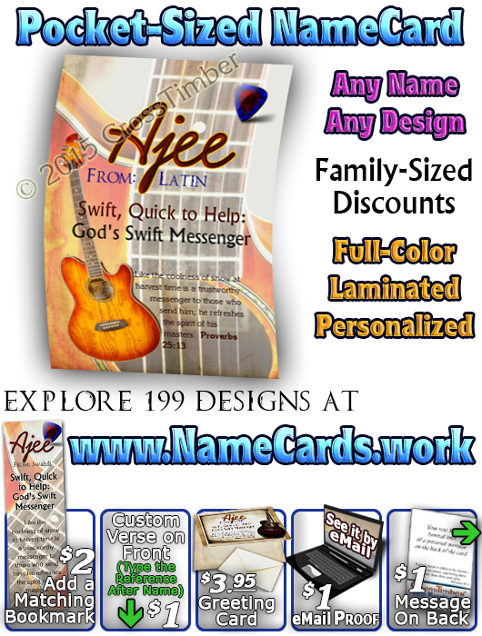 PC-MU19, Name Meaning Card, Wallet Sized, with Bible Verse, personalized, music notes ajee guitar acoustic