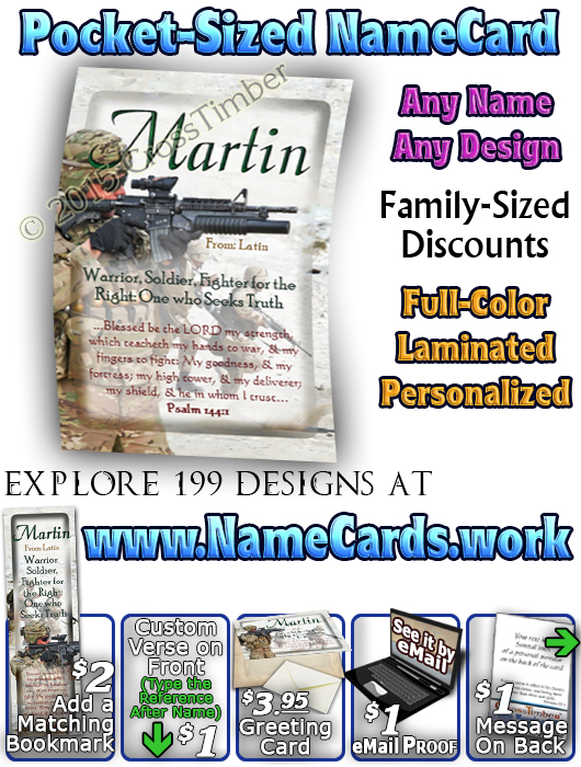 PC-PP22, Name Meaning Card, Wallet Sized, with Bible Verse, personalized, bravery soldier army navy war martin