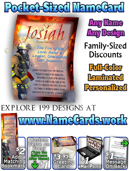 PC-PP23, Name Meaning Card, Wallet Sized, with Bible Verse, personalized, bravery courage fireman firefighter fire josiah