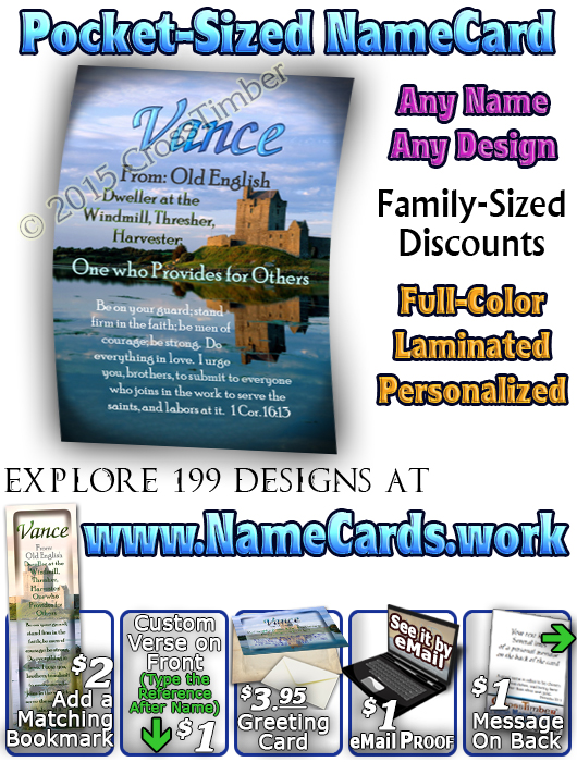 PC-SC34, Name Meaning Card, Wallet Sized, with Bible Verse, personalized, vance castle lake moat