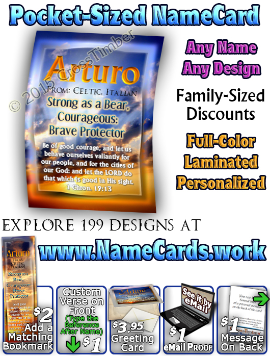 PC-SS07, Name Meaning Card, Wallet Sized, with Bible Verse, personalized, arturo sunset sky