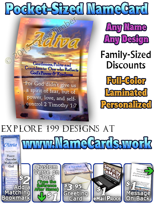 PC-SS15, Name Meaning Card, Wallet Sized, with Bible Verse, personalized, ocean, sunset, Olivia