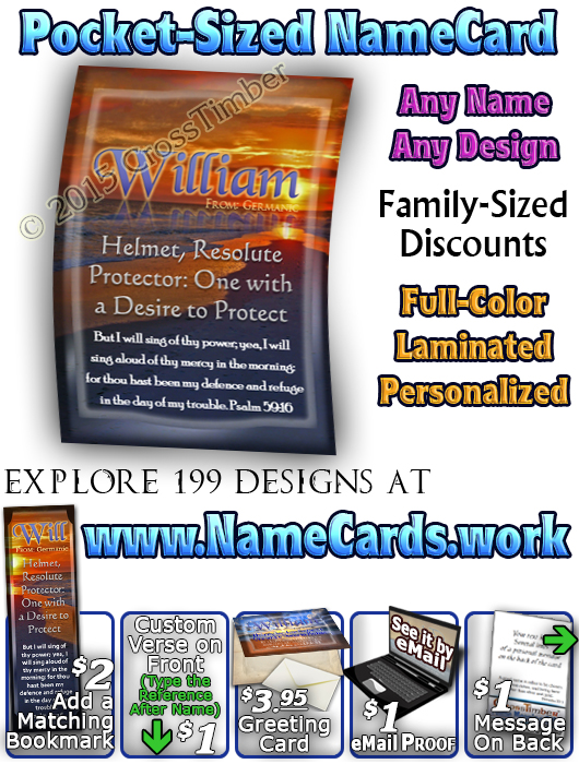 PC-SS24, Name Meaning Card, Wallet Sized, with Bible Verse, personalized, william, sunset beach ocean sand