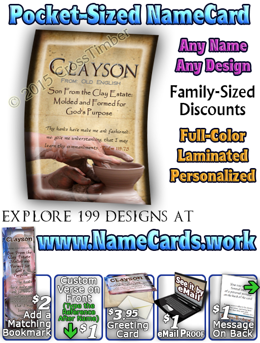 PC-SY17, Name Meaning Card, Wallet Sized, with Bible Verse, personalized, clayson potter pottery clay