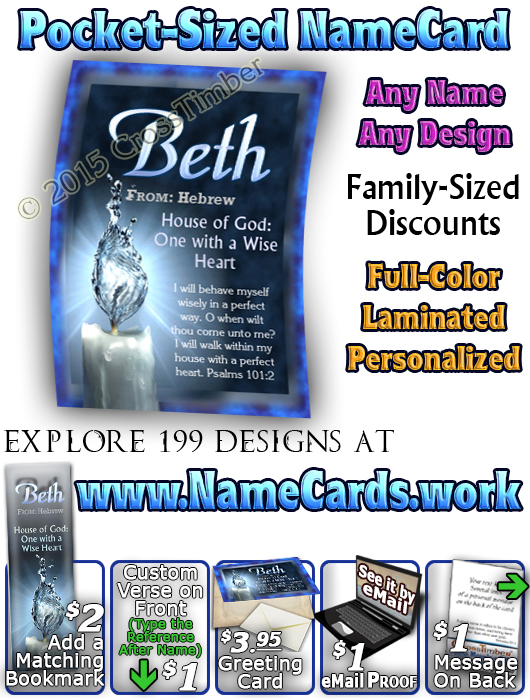 PC-SY24, Name Meaning Card, Wallet Sized, with Bible Verse, personalized, beth candle light water