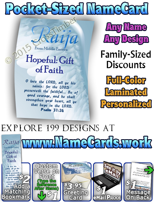 PC-SY33, memorial Name Meaning Card, Wallet Sized, with Bible Verse, personalized, raija, wings angel, angelic, heaven messenger