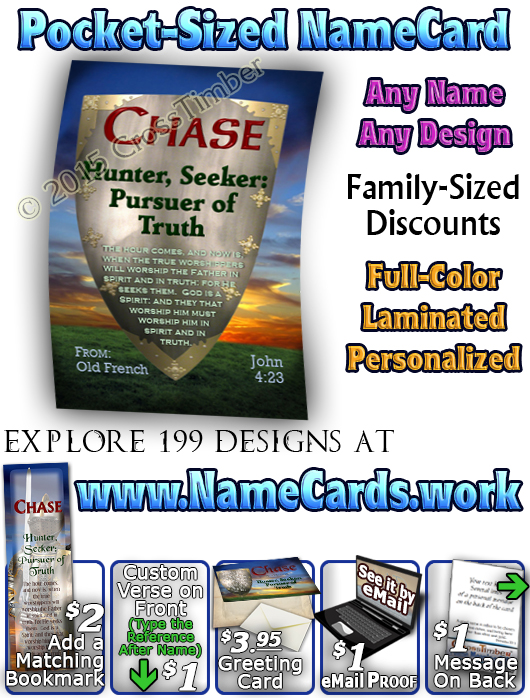 PC-SY61, Name Meaning Card, Wallet Sized, with Bible Verse, personalized, chase shield sunset