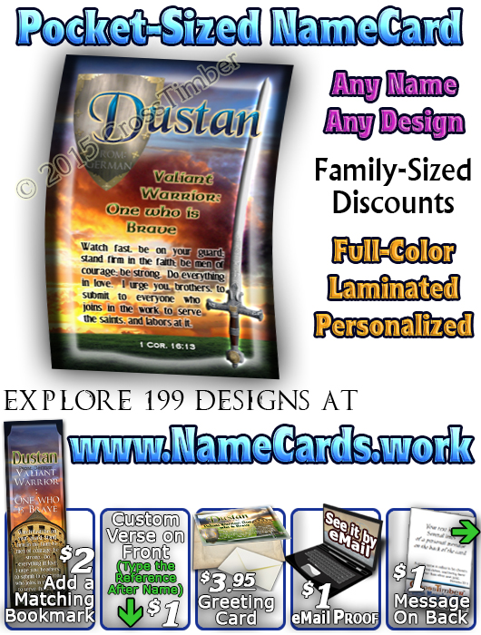 PC-SY63, Name Meaning Card, Wallet Sized, with Bible Verse, personalized,dustan shield sword castle knight courage