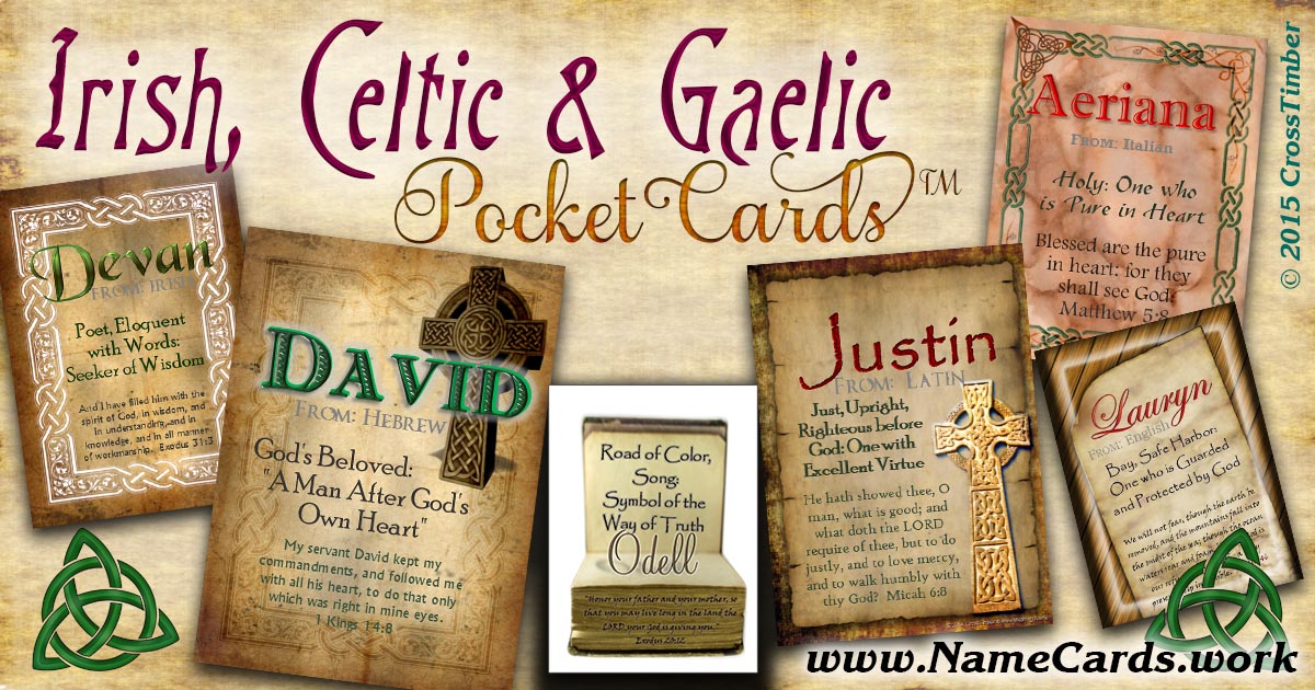 Name meaning cards with Celtic, Irish and Gaelic backgrounds