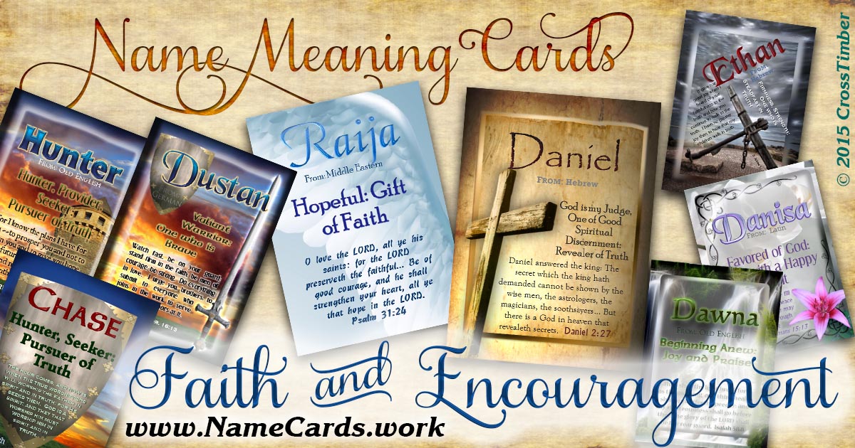 Symbols of faith and encouragement on name meaning cards