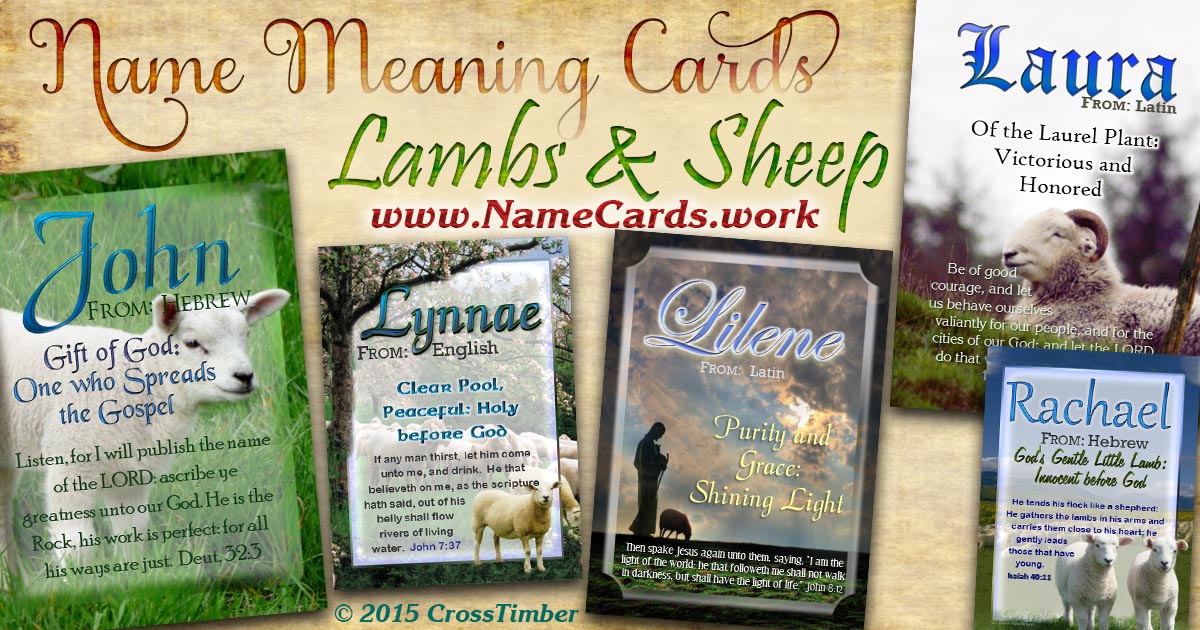 Christian name meaning cards with bible verses and sheep, lamb and shepherd backgrounds