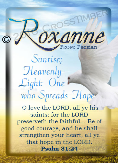 PC-AN14, Name Meaning Card, Wallet Sized, with Bible Verse Roxanne dove peace