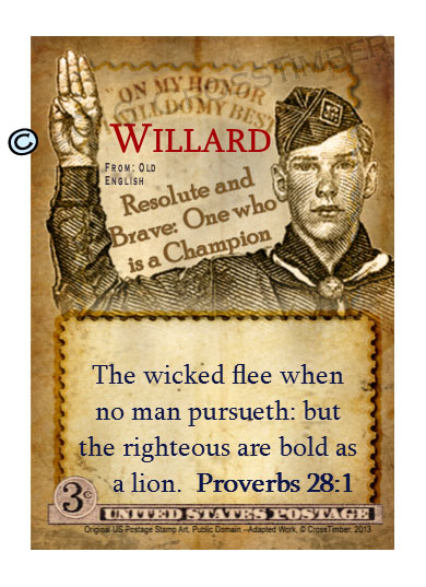 PC-CA02, Name Meaning Card, Wallet Sized, with Bible Verse willard  boy scouts stamp collecting