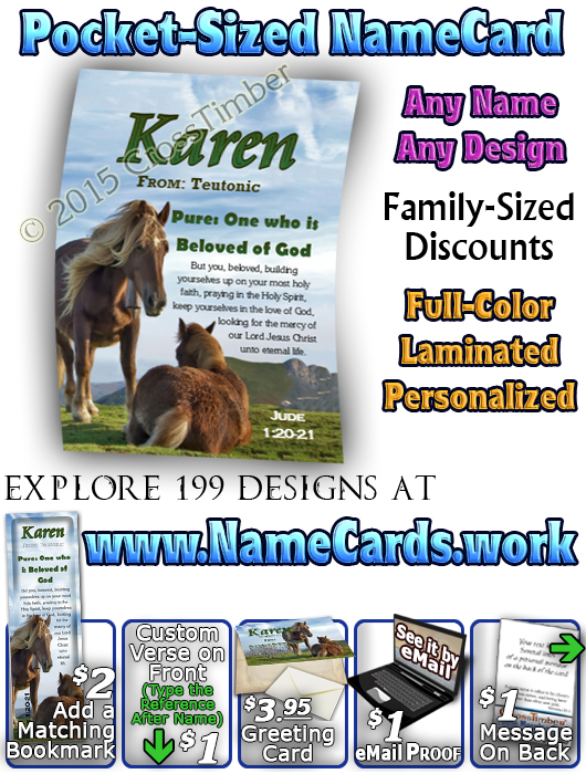 PC-AN44, Name Meaning Card, Wallet Sized, with Bible Verse karen horses mother mom child