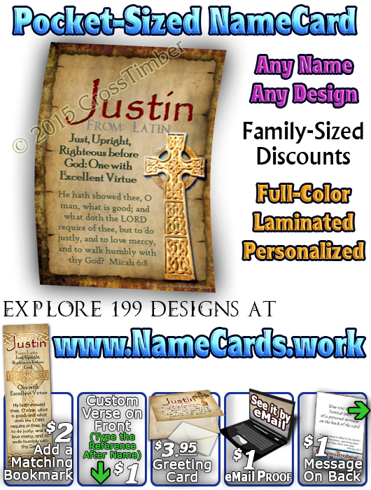 PC-CE01, Name Meaning Card, Wallet Sized, with Bible Verse, personalized, celtic knotwork irish gaelic justin cross