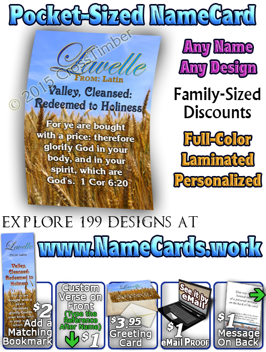 PC-GR05, Name Meaning Card, Wallet Sized, with Bible Verse, personalized, lavelle grain field harvest