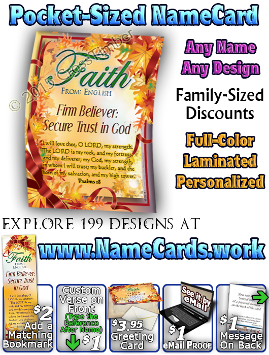 PC-LE10, Name Meaning Card, Wallet Sized, with Bible Verse, personalized, tree leaves leaf autumn fall faith