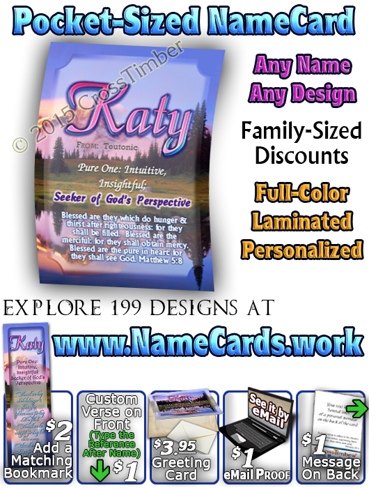 PC-SC28, Name Meaning Card, Wallet Sized, with Bible Verse, personalized, katy mountain lake pink, scenery
