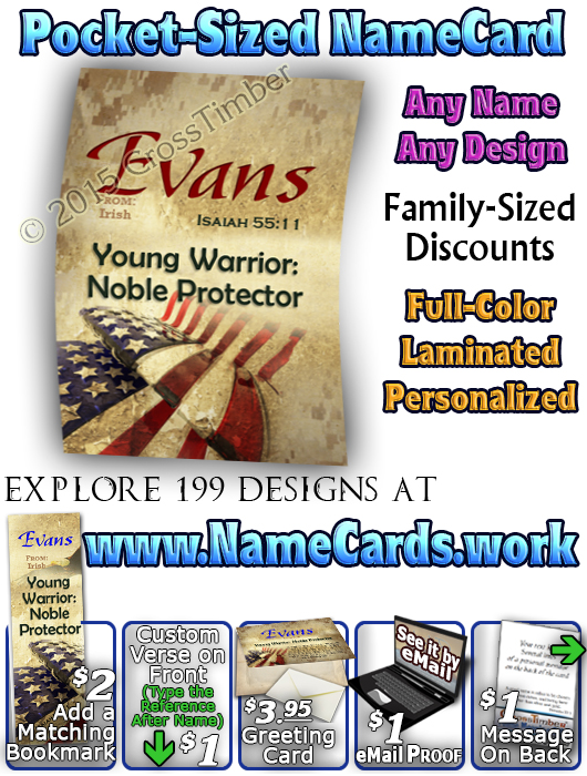 PC-SY57, Name Meaning Card, Wallet Sized, with Bible Verse, personalized, evans flag military soldier camo digi USA American